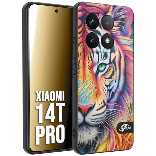 CUSTOMIZZA - Custodia cover nera morbida in tpu compatibile per Xiaomi 14T PRO animali color tigre tiger viso colori vibranti disegnato schizzo