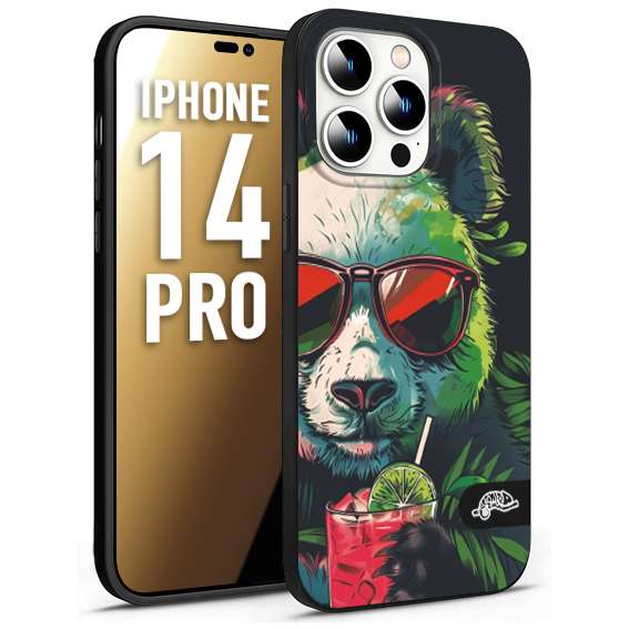 CUSTOMIZZA - Custodia cover nera morbida in tpu compatibile per iPhone 14 PRO estate disegnata cocktails animali simpatici panda mojito