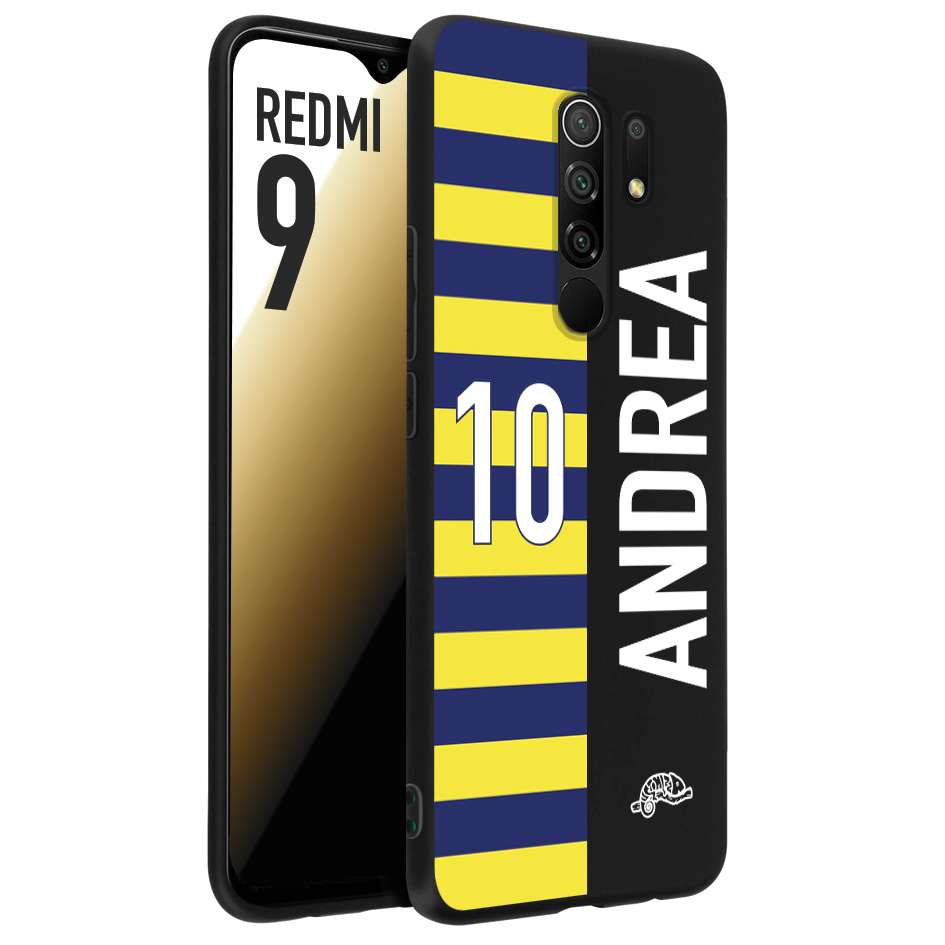 CUSTOMIZZA - Custodia cover nera morbida in tpu compatibile per Xiaomi Redmi 9 personalizzata calcio football nome e numero calciatori giallo blu