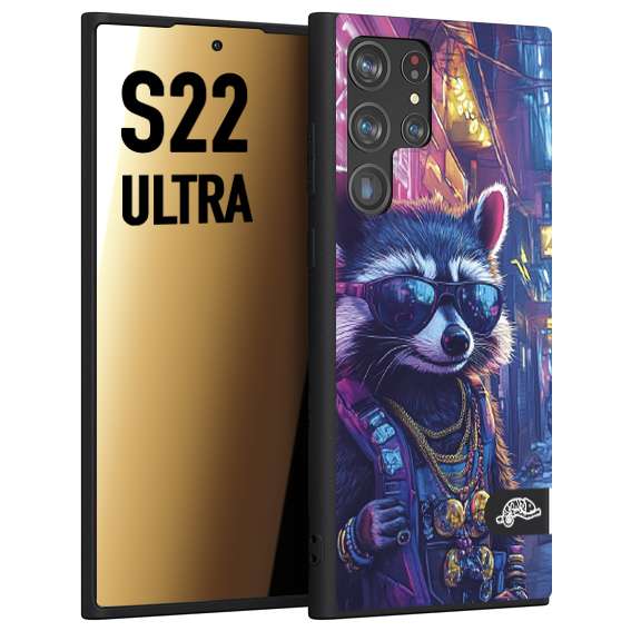 CUSTOMIZZA - Custodia cover nera morbida in tpu compatibile per Samsung S22 ULTRA animali simpatici cyberpunk procione racoon street cat fucsia blu giallo