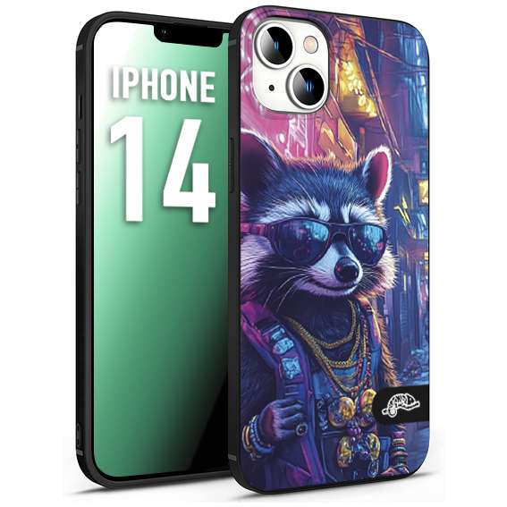 CUSTOMIZZA - Custodia cover nera morbida in tpu compatibile per iPhone 14 animali simpatici cyberpunk procione racoon street cat fucsia blu giallo