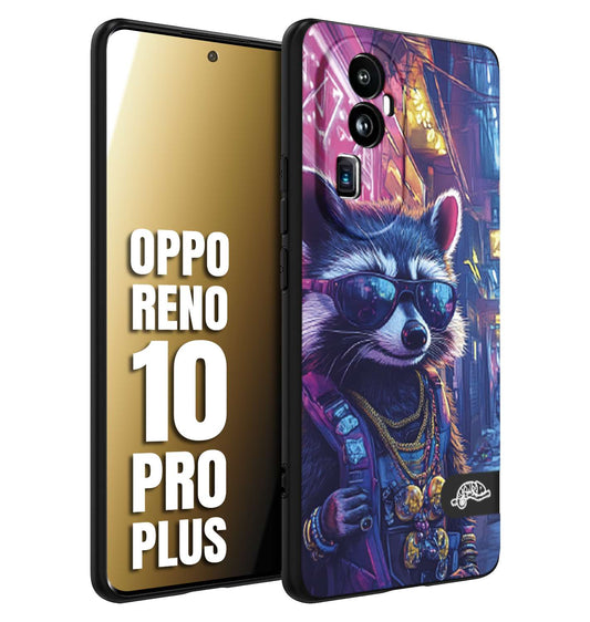 CUSTOMIZZA - Custodia cover nera morbida in tpu compatibile per Oppo Reno 10 PRO PLUS animali simpatici cyberpunk procione racoon street cat fucsia blu giallo