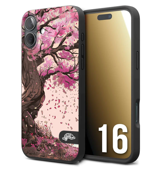 CUSTOMIZZA - Custodia cover nera morbida in tpu compatibile per iPhone 16 giapponese colori morbidi fiori di ciliegio rosa disegnata