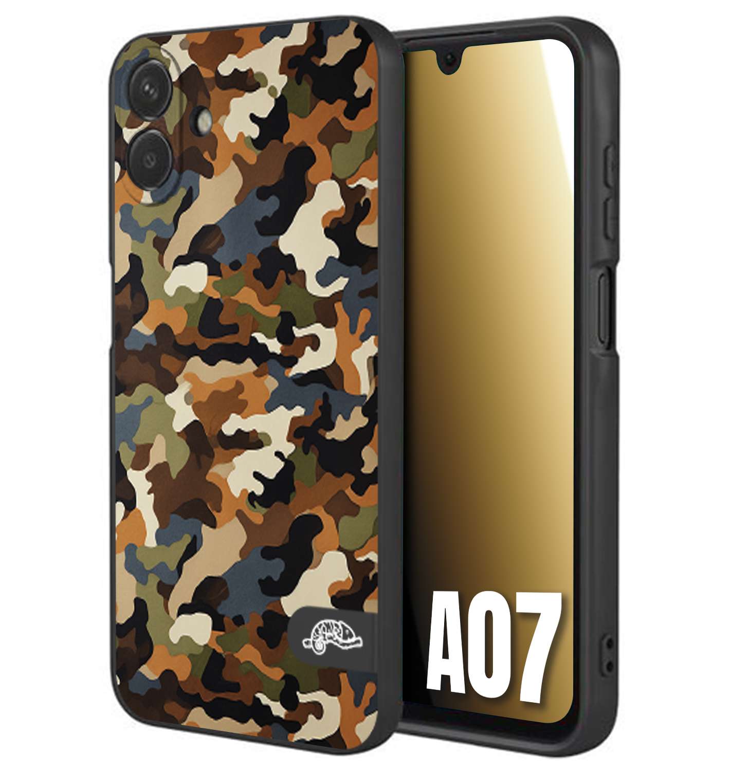 CUSTOMIZZA - Custodia cover nera morbida in tpu compatibile per Samsung A07 camouflage mimetico militare moderno blu marrone beige