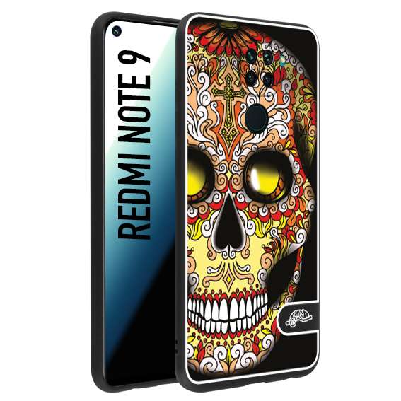 CUSTOMIZZA - Custodia cover nera morbida in tpu compatibile per Xiaomi Redmi Note 9 teschio messicano Mexican skull giallo rosso arancio