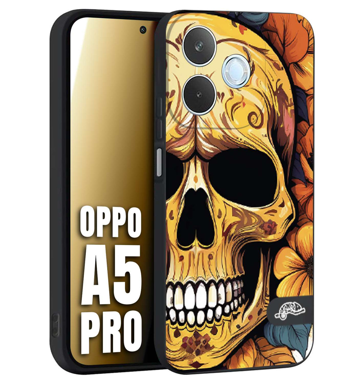CUSTOMIZZA - Custodia cover nera morbida in tpu compatibile per Oppo A5 PRO teschio messicano colorato dorato fiori autunnali disegnato