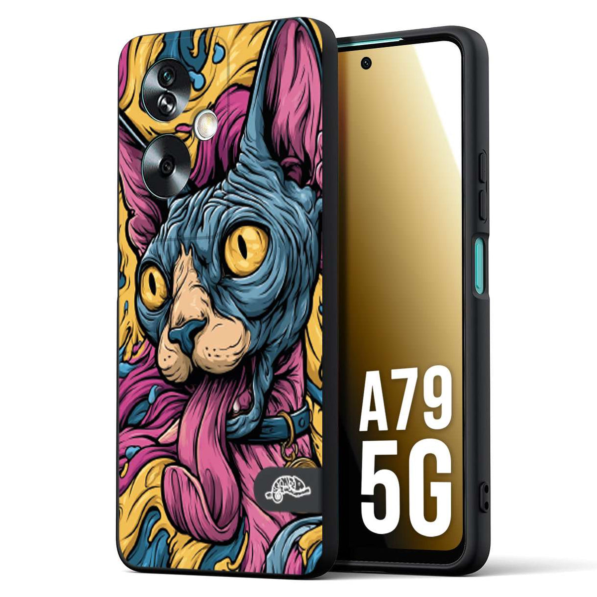 CUSTOMIZZA - Custodia cover nera morbida in tpu compatibile per Oppo A79 5G Sphynx Colorato Pop Art Psichedelico Gatto Blu Rosa Giallo Artistica Fantasy