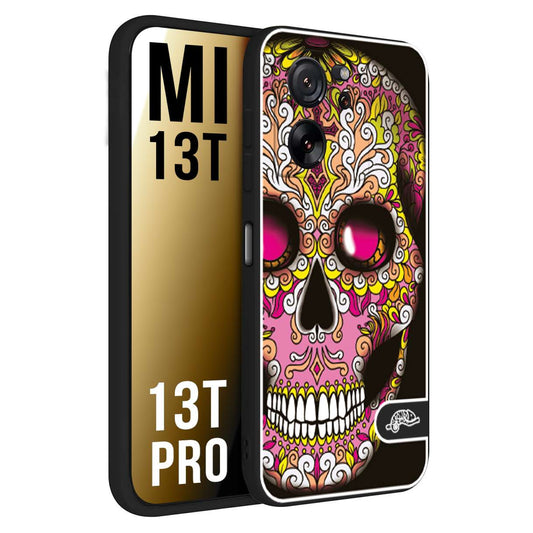 CUSTOMIZZA - Custodia cover nera morbida in tpu compatibile per Xiaomi 13T - 13T PRO teschio messicano Mexican skull rosa gialla