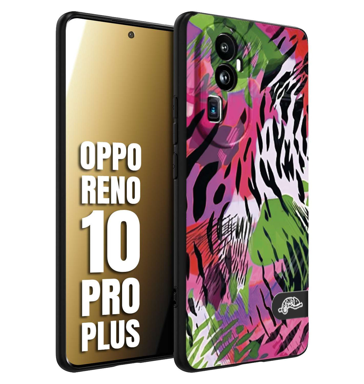 CUSTOMIZZA - Custodia cover nera morbida in tpu compatibile per Oppo Reno 10 PRO PLUS leopardato tigrato tiger colorata summer color verde fucsia
