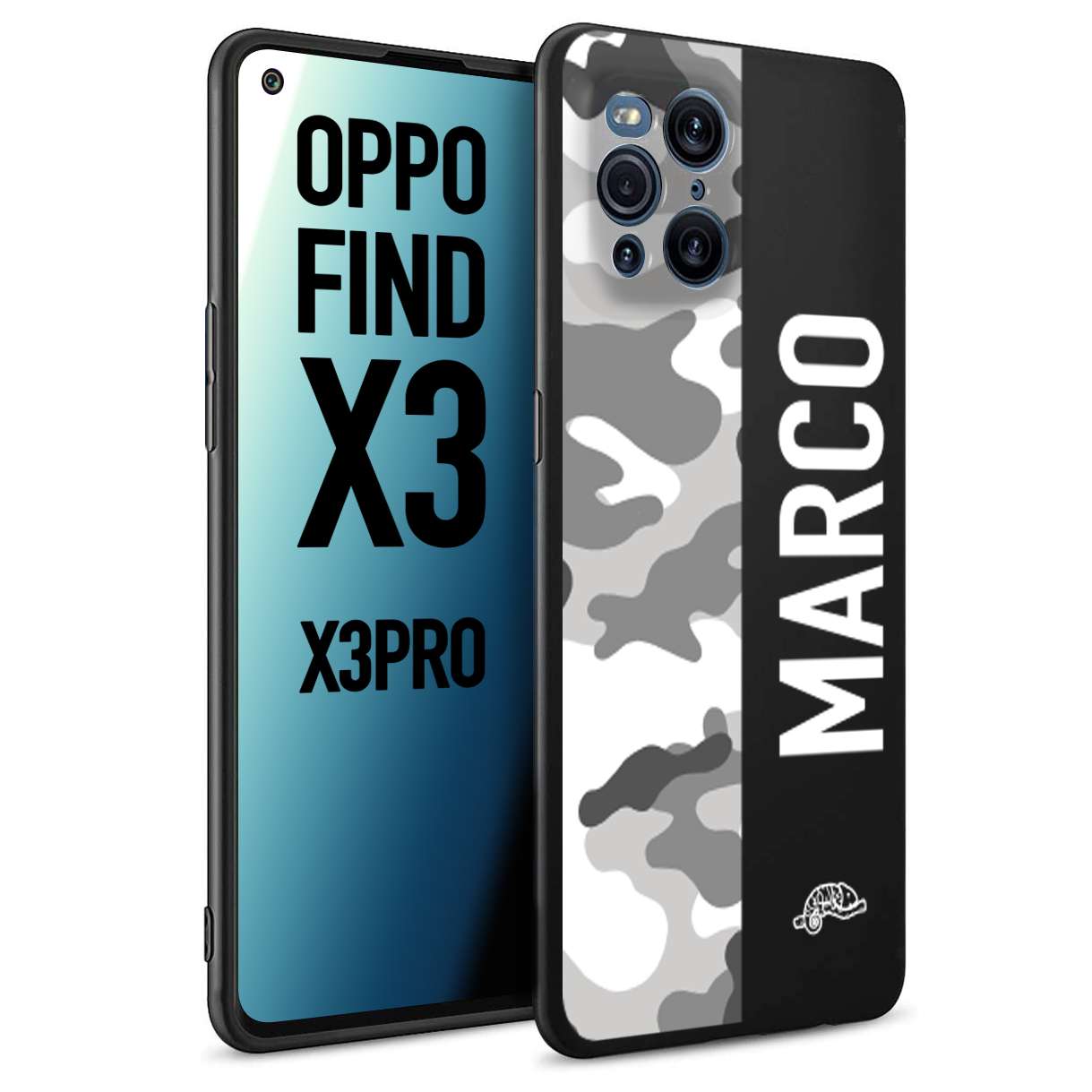 CUSTOMIZZA - Custodia cover nera morbida in tpu compatibile per Oppo Find X3 - Find X3 Pro 5G camouflage mimetico militare personalizzata nome bianco