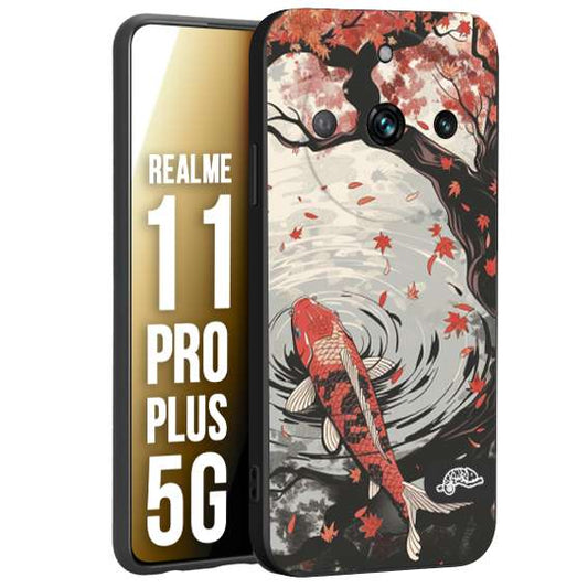 CUSTOMIZZA - Custodia cover nera morbida in tpu compatibile per Realme 11 PRO PLUS 5G giapponese lago carpa koi rossa con foglie d'acero rosso disegnata tattoo