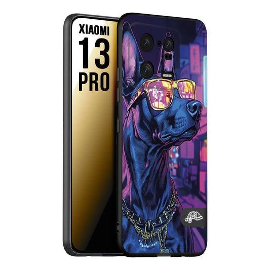 CUSTOMIZZA - Custodia cover nera morbida in tpu compatibile per Xiaomi 13 PRO animali cyberpunk dobermann cane street dog fucsia blu night
