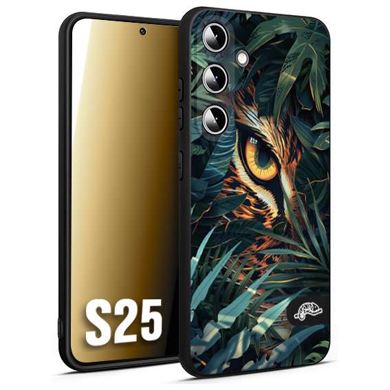 CUSTOMIZZA - Custodia cover nera morbida in tpu compatibile per Samsung S25 animali color giungla tropicale occhio di giaguaro felino disegnato