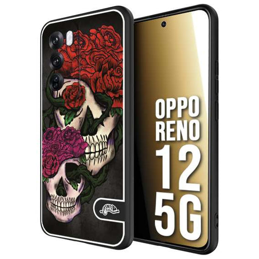 CUSTOMIZZA - Custodia cover nera morbida in tpu compatibile per Oppo Reno 12 5G teschi e rose rosse fucsia skull and roses