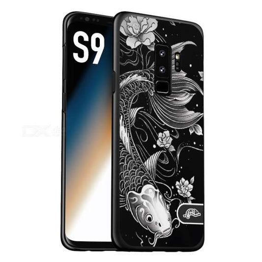 CUSTOMIZZA - Custodia cover nera morbida in tpu compatibile per Samsung S9 carpa koi black and white bianco a rilievo disegnato tattoo tatuaggio