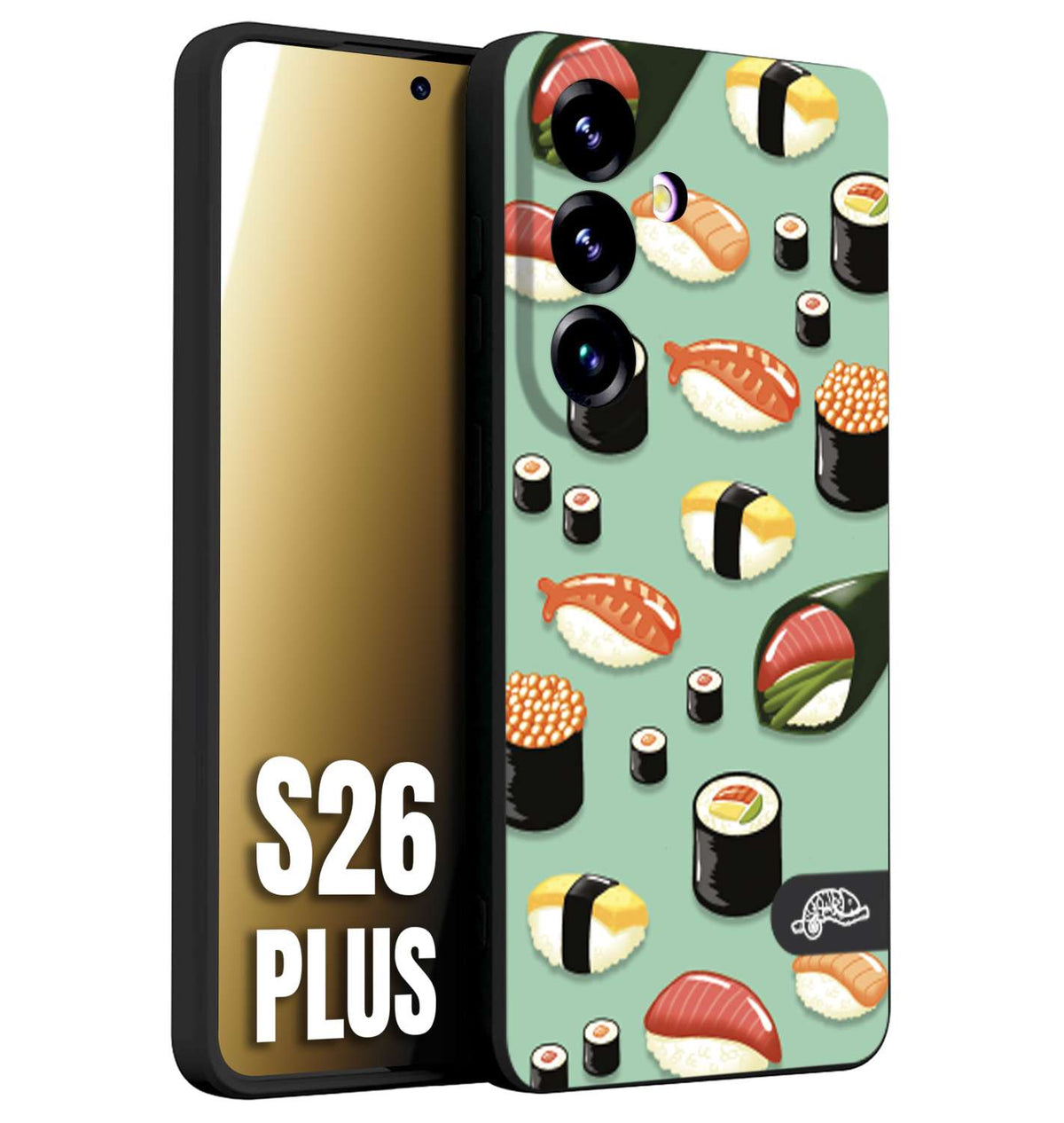 CUSTOMIZZA - Custodia cover nera morbida in tpu compatibile per Samsung S26 PLUS sushi disegni giapponese nighiri acquamarina verde