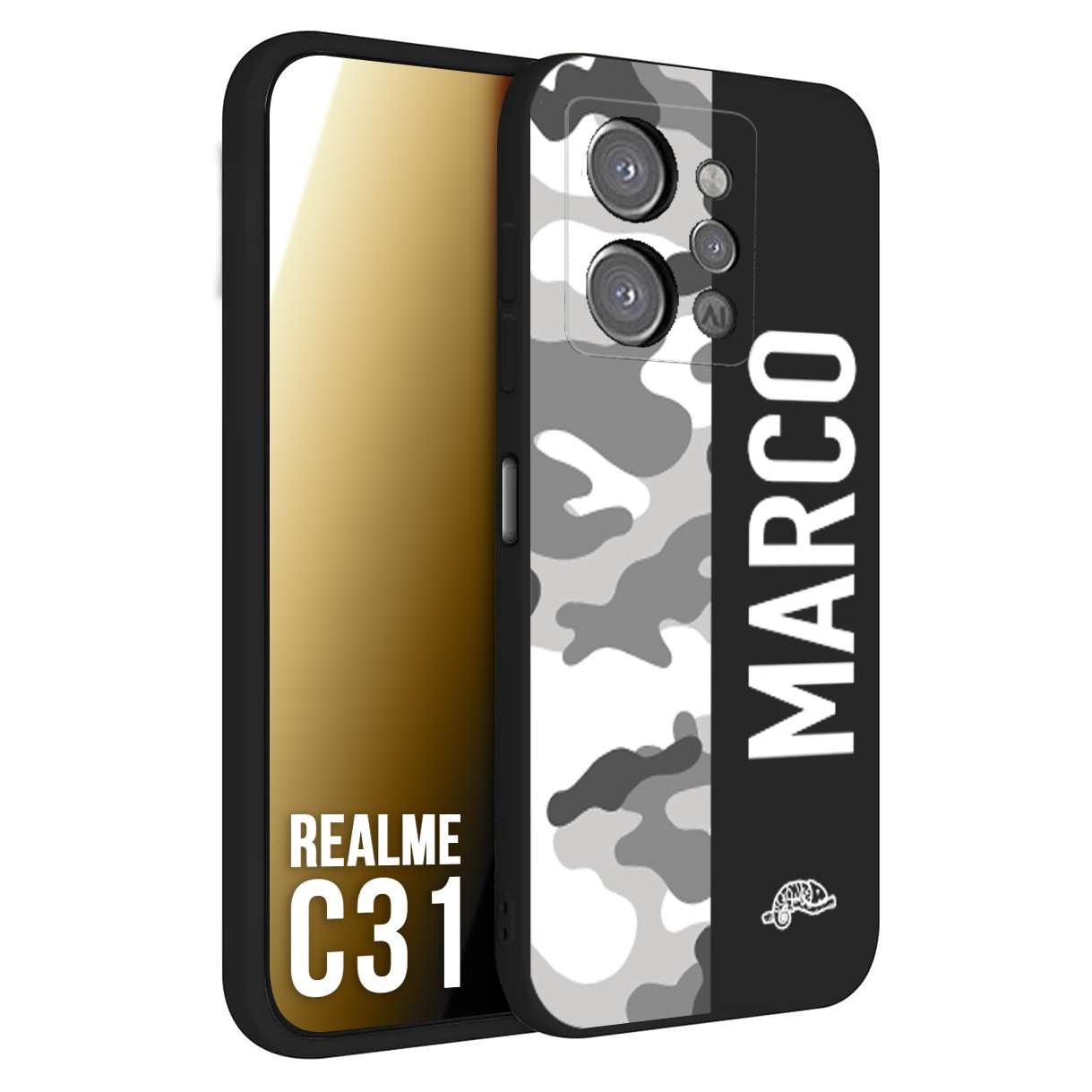 CUSTOMIZZA - Custodia cover nera morbida in tpu compatibile per Oppo Realme C31 camouflage mimetico militare personalizzata nome bianco