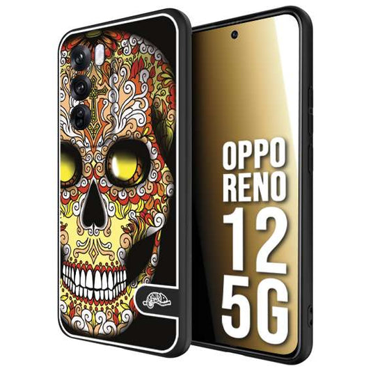 CUSTOMIZZA - Custodia cover nera morbida in tpu compatibile per Oppo Reno 12 5G teschio messicano Mexican skull giallo rosso arancio