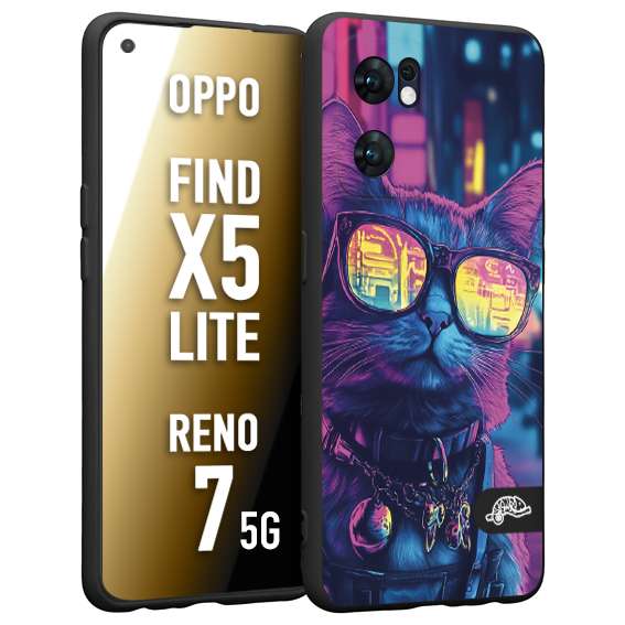 CUSTOMIZZA - Custodia cover nera morbida in tpu compatibile per Oppo Reno 7 - Find X5 LITE animali cyberpunk gatto street cat fucsia blu giallo