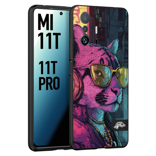 CUSTOMIZZA - Custodia cover nera morbida in tpu compatibile per Xiaomi Mi 11T - Mi 11T PRO animali cyberpunk pantera street cat fucsia blu giallo
