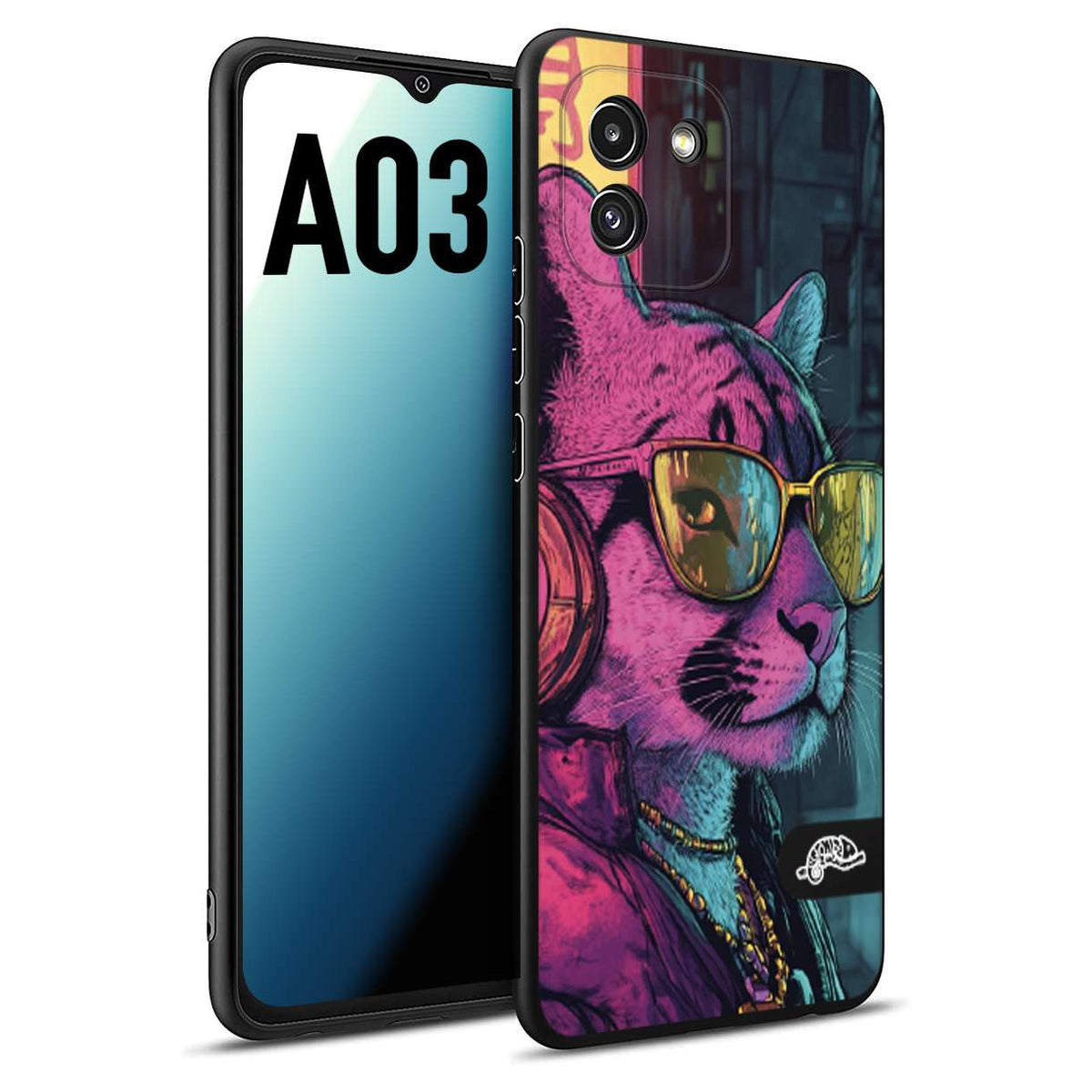 CUSTOMIZZA - Custodia cover nera morbida in tpu compatibile per Samsung A03 animali cyberpunk pantera street cat fucsia blu giallo