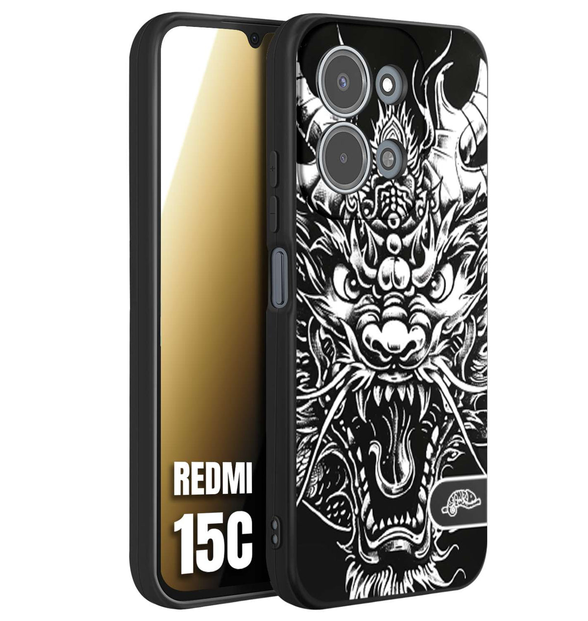 CUSTOMIZZA - Custodia cover nera morbida in tpu compatibile per Xiaomi Redmi 15C drago black and white bianco a rilievo disegnato tattoo tatuaggio