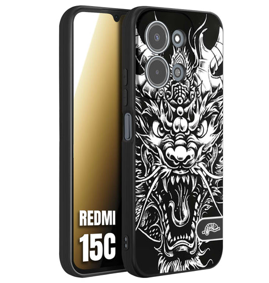 CUSTOMIZZA - Custodia cover nera morbida in tpu compatibile per Xiaomi Redmi 15C drago black and white bianco a rilievo disegnato tattoo tatuaggio