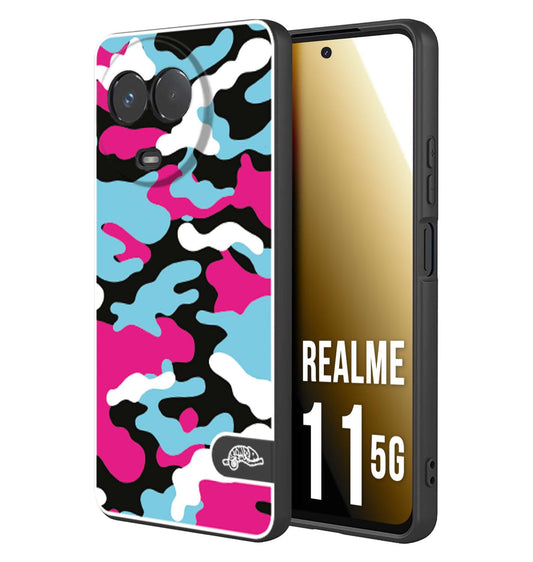 CUSTOMIZZA - Custodia cover nera morbida in tpu compatibile per Oppo Realme 11 5G camouflage mimetico militare fucsia celeste