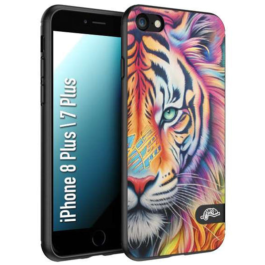 CUSTOMIZZA - Custodia cover nera morbida in tpu compatibile per iPhone 7 Plus - 8 plus animali color tigre tiger viso colori vibranti disegnato schizzo