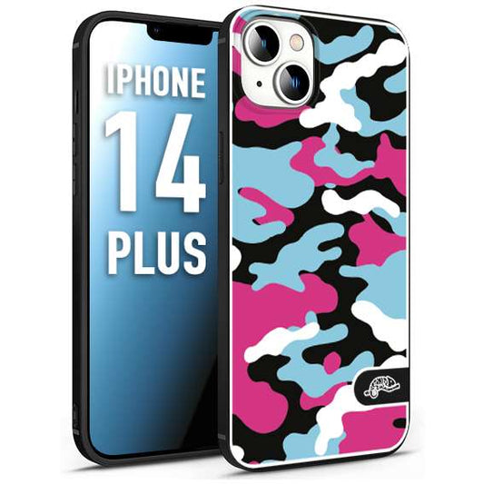 CUSTOMIZZA - Custodia cover nera morbida in tpu compatibile per iPhone 14 PLUS camouflage mimetico militare fucsia celeste