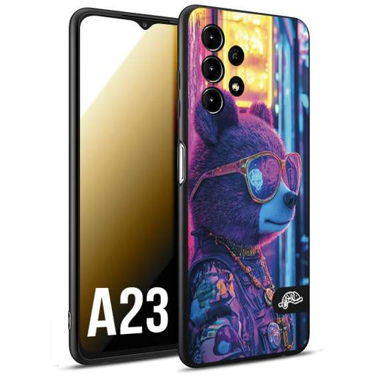 CUSTOMIZZA - Custodia cover nera morbida in tpu compatibile per Samsung A23 animali cyberpunk orsetto orso street bear fucsia blu night