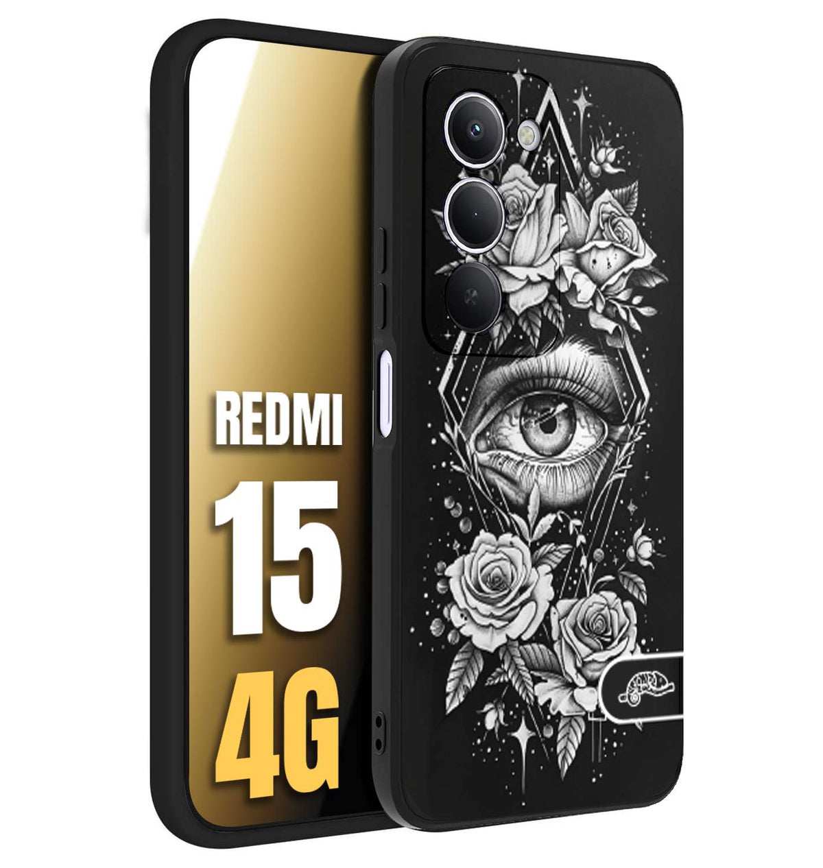 CUSTOMIZZA - Custodia cover nera morbida in tpu compatibile per Xiaomi Redmi 15 4G occhio fiori rombo geometrico black and white bianco a rilievo disegnato tattoo tatuaggio
