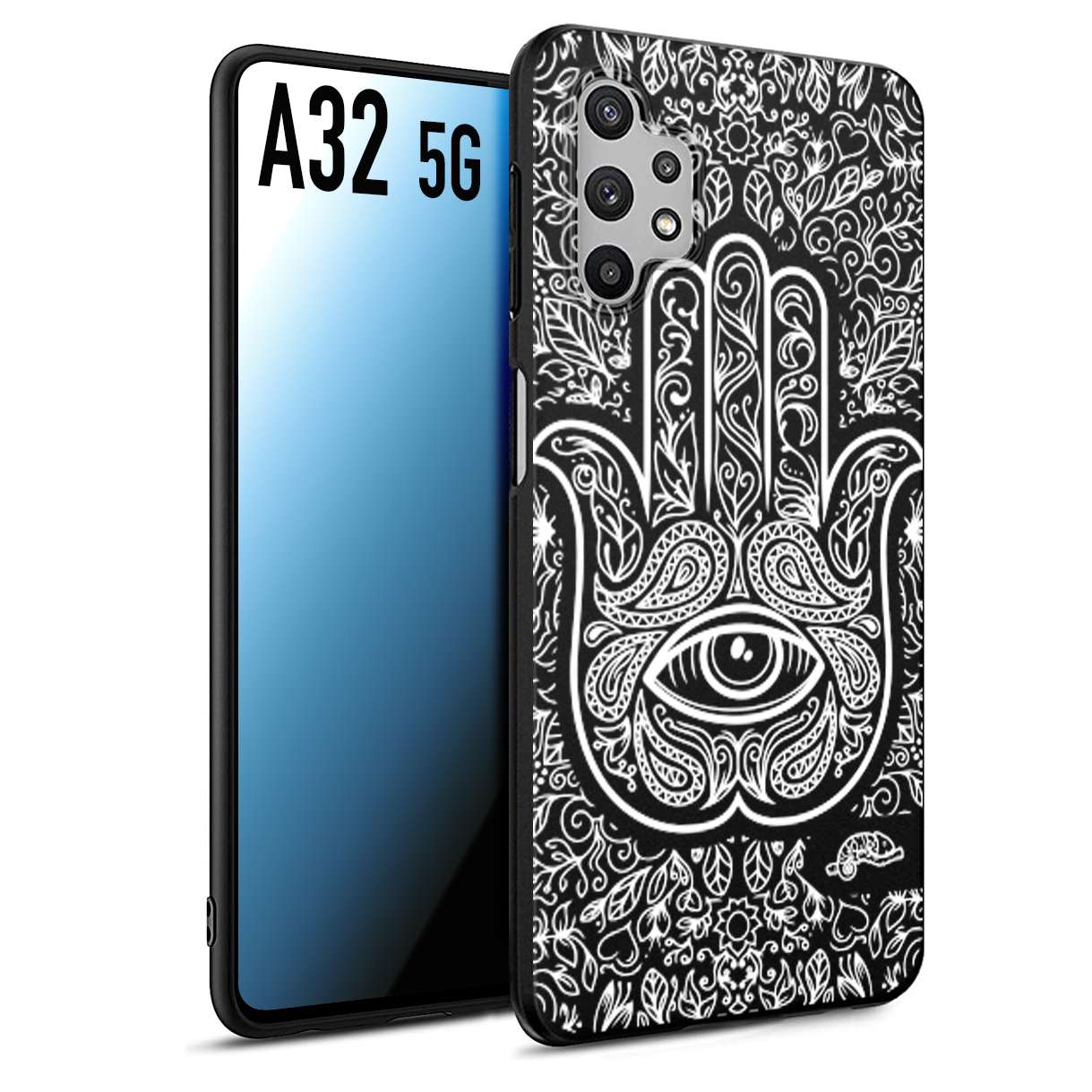 CUSTOMIZZA - Custodia cover nera morbida in tpu compatibile per Samsung A32 5G mano di fatima effetto rilievo mandala donna