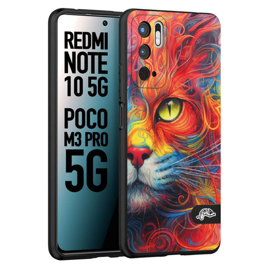 CUSTOMIZZA - Custodia cover nera morbida in tpu compatibile per Xiaomi Redmi Note 10 5G - Poco M3 Pro 5G animali color cat gatto viso colori vibranti disegnato schizzo