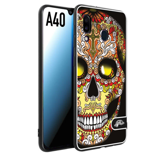 CUSTOMIZZA - Custodia cover nera morbida in tpu compatibile per Samsung A40 teschio messicano Mexican skull giallo rosso arancio