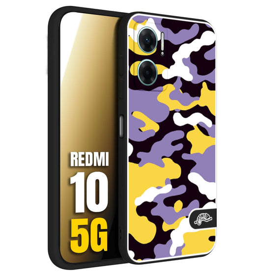 CUSTOMIZZA - Custodia cover nera morbida in tpu compatibile per Xiaomi Redmi 10 5G camouflage mimetico militare viola lilla giallo