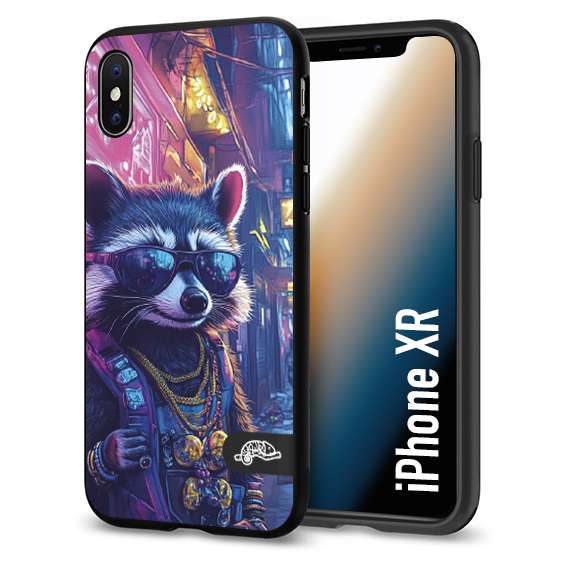 CUSTOMIZZA - Custodia cover nera morbida in tpu compatibile per iPhone Xr animali simpatici cyberpunk procione racoon street cat fucsia blu giallo