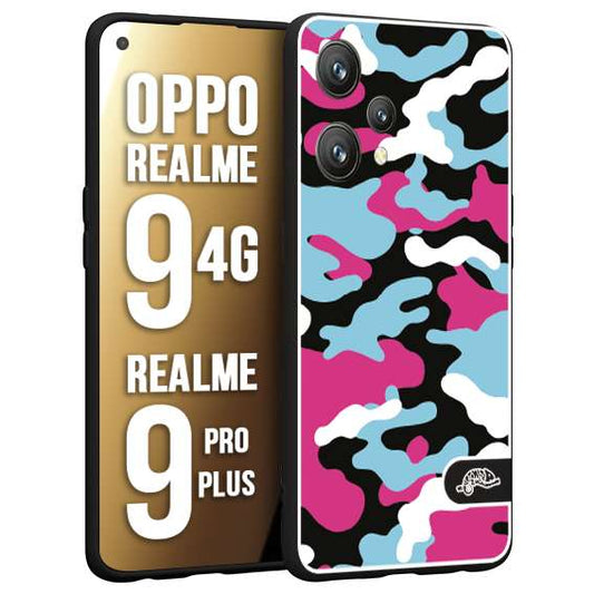 CUSTOMIZZA - Custodia cover nera morbida in tpu compatibile per Realme 9 4G - 9 PRO PLUS camouflage mimetico militare fucsia celeste