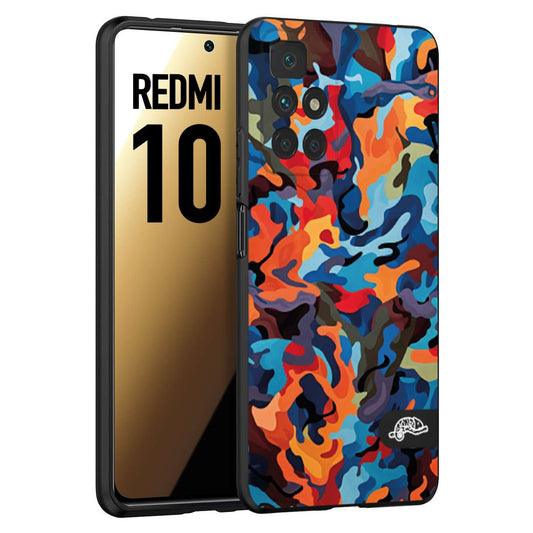 CUSTOMIZZA - Custodia cover nera morbida in tpu compatibile per Xiaomi Redmi 10 camouflage mimetico militare moderno blu arancio rosso