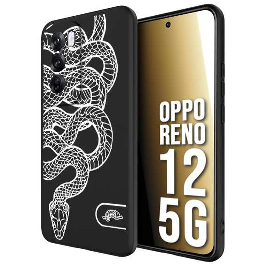 CUSTOMIZZA - Custodia cover nera morbida in tpu compatibile per Oppo Reno 12 5G serpente snake bianco a rilievo disegnato tattoo tatuaggio