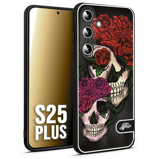 CUSTOMIZZA - Custodia cover nera morbida in tpu compatibile per Samsung S25 PLUS teschi e rose rosse fucsia skull and roses