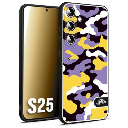 CUSTOMIZZA - Custodia cover nera morbida in tpu compatibile per Samsung S25 camouflage mimetico militare viola lilla giallo