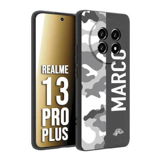 CUSTOMIZZA - Custodia cover nera morbida in tpu compatibile per Realme 13 PRO PLUS camouflage mimetico militare personalizzata nome bianco
