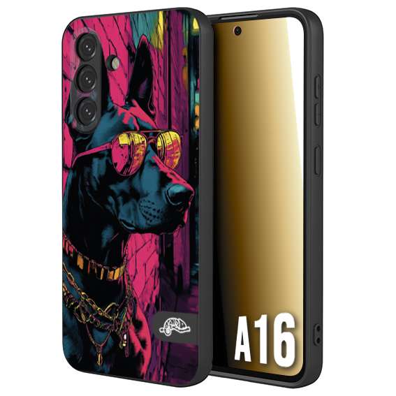 CUSTOMIZZA - Custodia cover nera morbida in tpu compatibile per Samsung A16 animali cyberpunk dobermann cane street dog fucsia blu