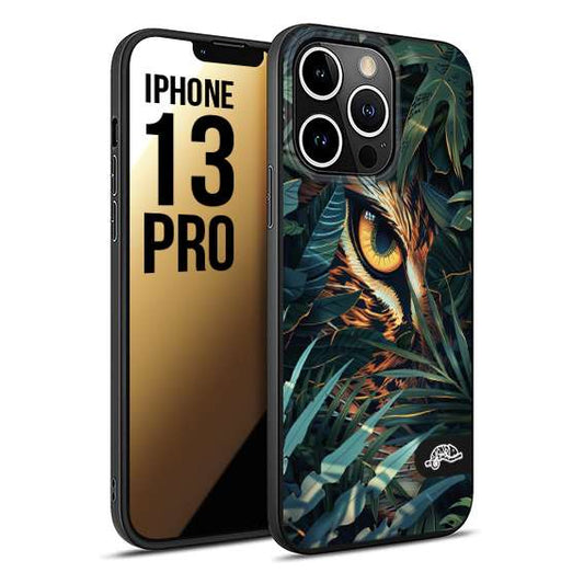 CUSTOMIZZA - Custodia cover nera morbida in tpu compatibile per iPhone 13 PRO animali color giungla tropicale occhio di giaguaro felino disegnato