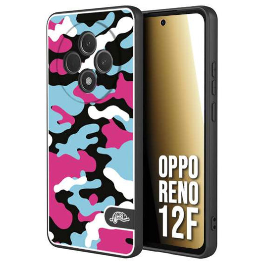 CUSTOMIZZA - Custodia cover nera morbida in tpu compatibile per Oppo Reno 12F camouflage mimetico militare fucsia celeste