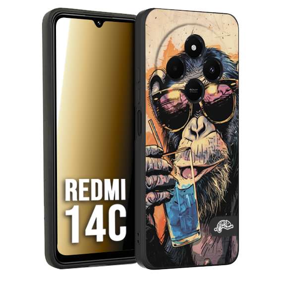 CUSTOMIZZA - Custodia cover nera morbida in tpu compatibile per Xiaomi Redmi 14C estate disegnata cocktails animali simpatici scimmia monkey negroni