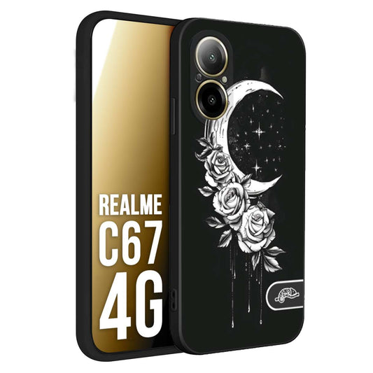 CUSTOMIZZA - Custodia cover nera morbida in tpu compatibile per Realme C67 4G luna e fiori moon flowers black and white bianco a rilievo disegnato