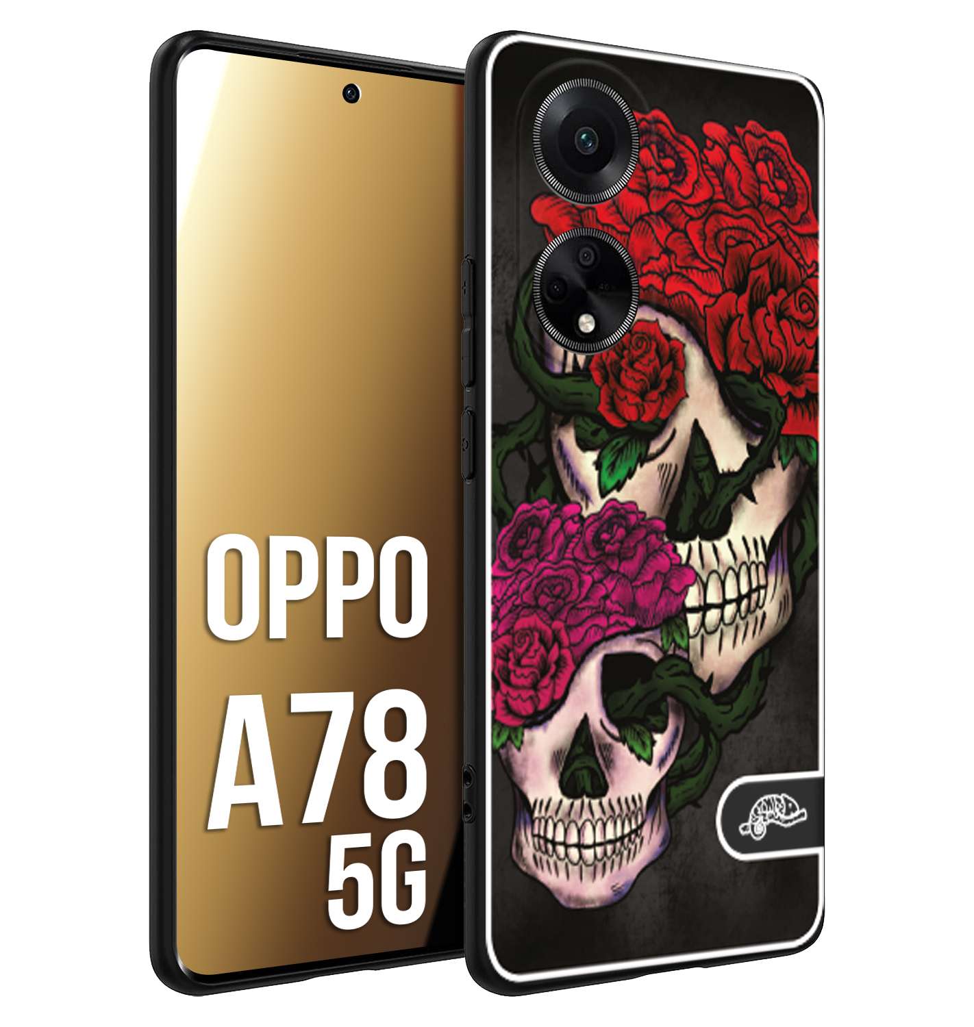 CUSTOMIZZA - Custodia cover nera morbida in tpu compatibile per Oppo A78 5G teschi e rose rosse fucsia skull and roses