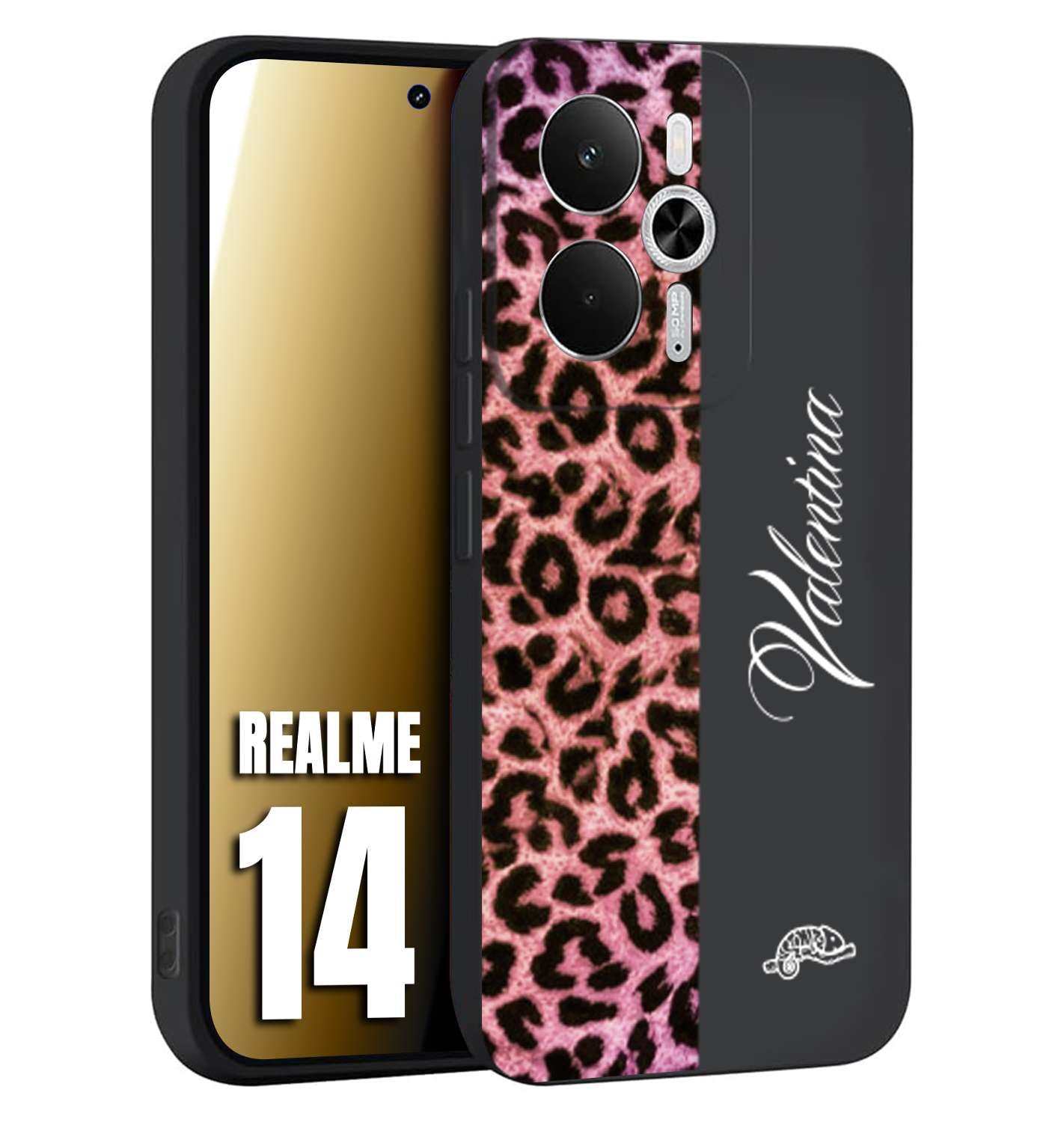 CUSTOMIZZA - Custodia cover nera morbida in tpu compatibile per Realme 14 5G leopardato rosa fucsia personalizzata nome iniziali